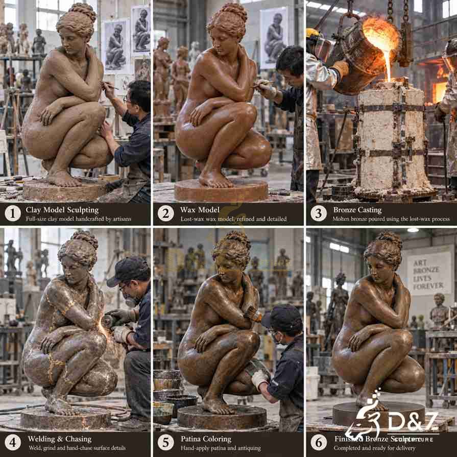 Crouching Venus statue production process showing clay model, wax model, bronze casting, welding, patina, and finished sculpture