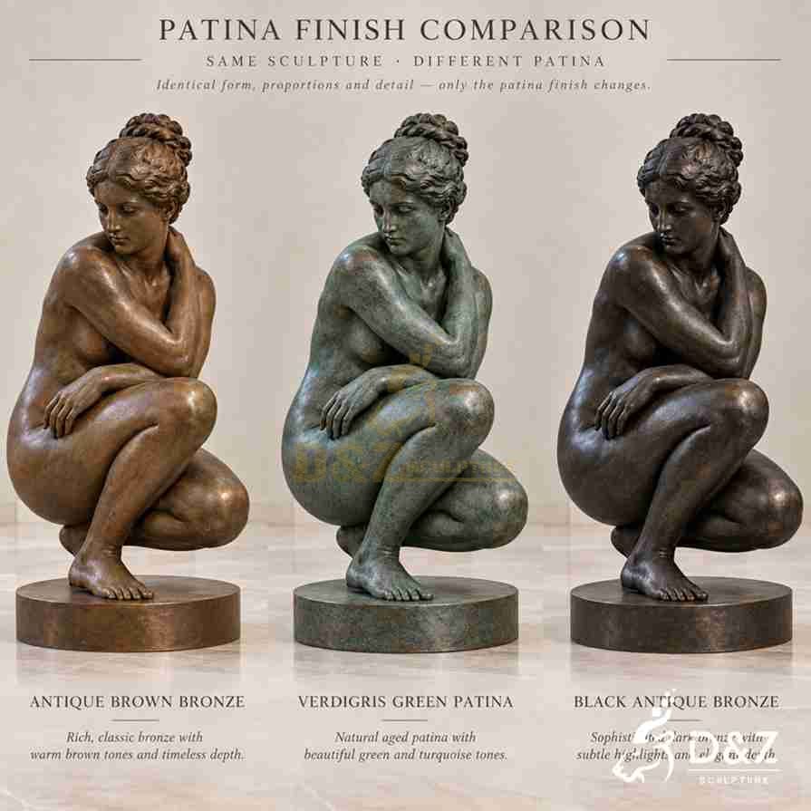 Crouching Venus statue patina comparison in antique brown bronze, verdigris green, and black antique bronze