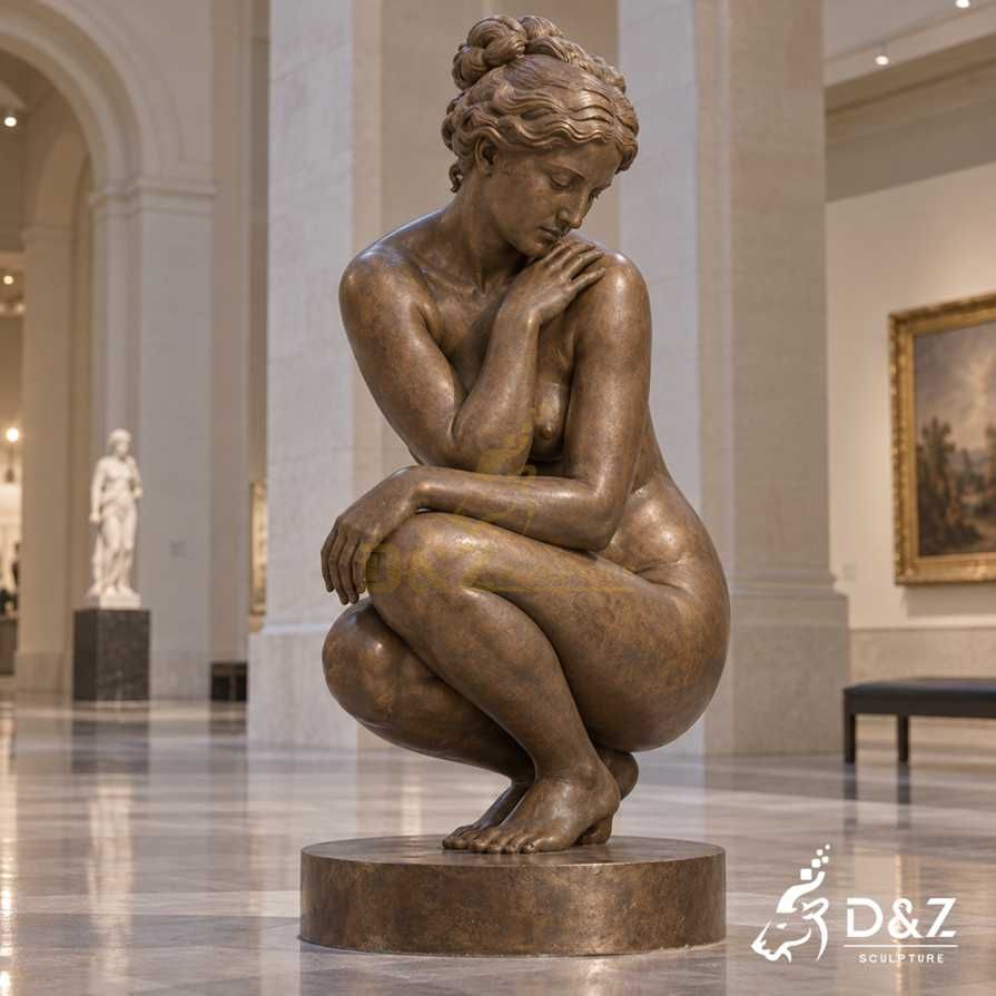 Goddess Venus statue in bronze with a modest crouching pose displayed in a museum gallery
