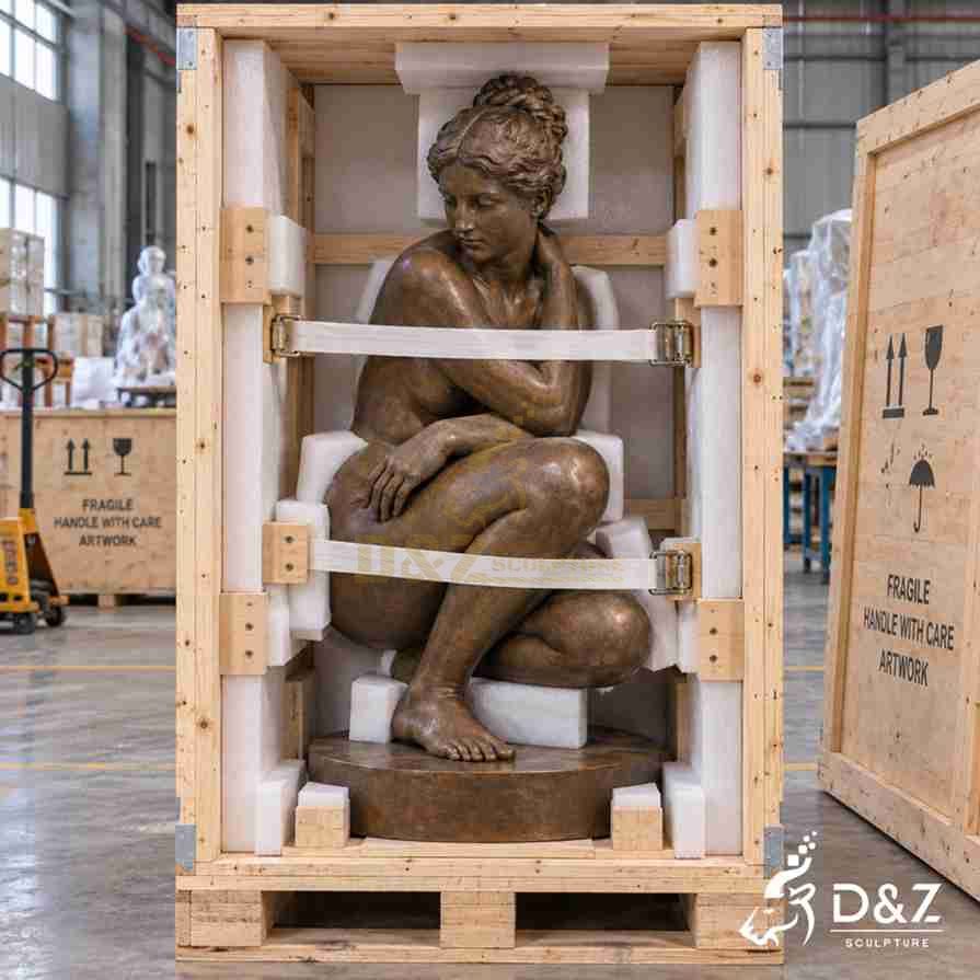 Bronze Crouching Venus statue secured with foam and straps inside a reinforced wooden shipping crate