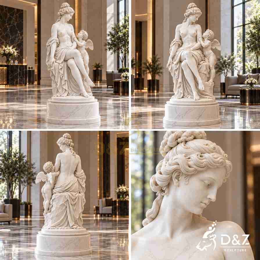 Multiple views of a marble Venus and Cupid statue showing front, side, rear, and detailed Venus facial carving Multiple views of a marble Venus and Cupid statue showing front, side, rear, and detailed Venus facial carving