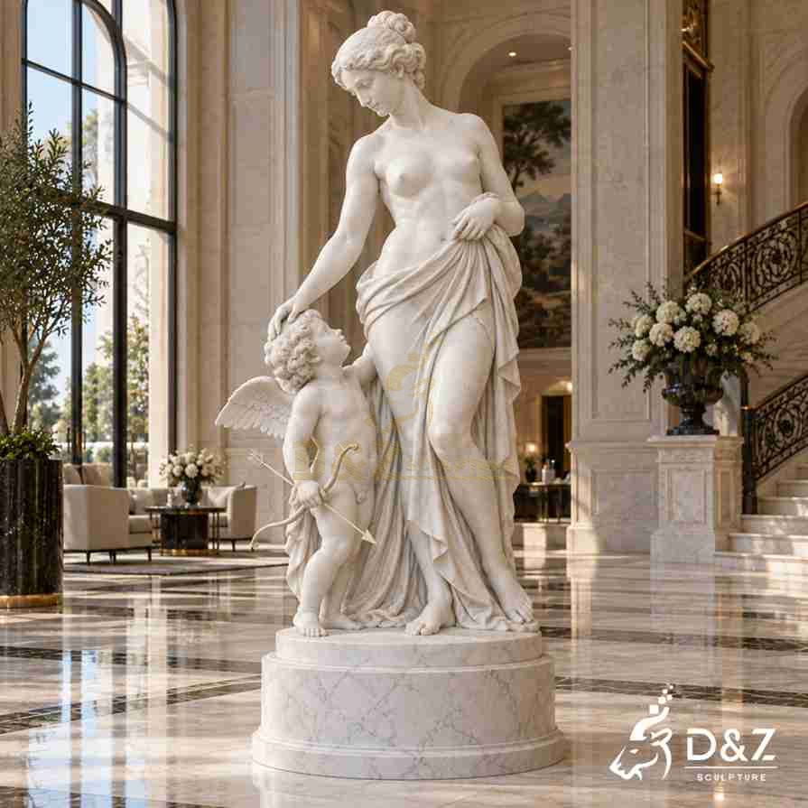 Standing marble Venus and Cupid sculpture with winged Cupid holding a bow and arrow beside the Roman goddess Standing marble Venus and Cupid sculpture with winged Cupid holding a bow and arrow beside the Roman goddess