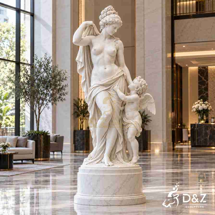 Large marble Venus statue standing with winged Cupid and flowing drapery in a luxury interior Large marble Venus statue standing with winged Cupid and flowing drapery in a luxury interior