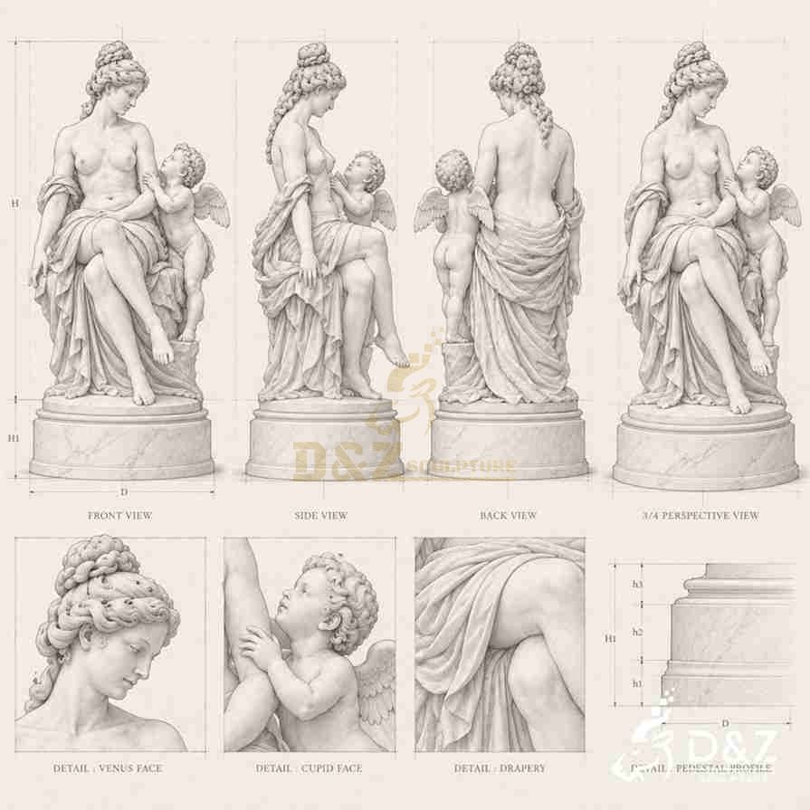 Venus and Cupid statue design drawing showing front, side, back, perspective, facial, drapery, and pedestal details Venus and Cupid statue design drawing showing front, side, back, perspective, facial, drapery, and pedestal details