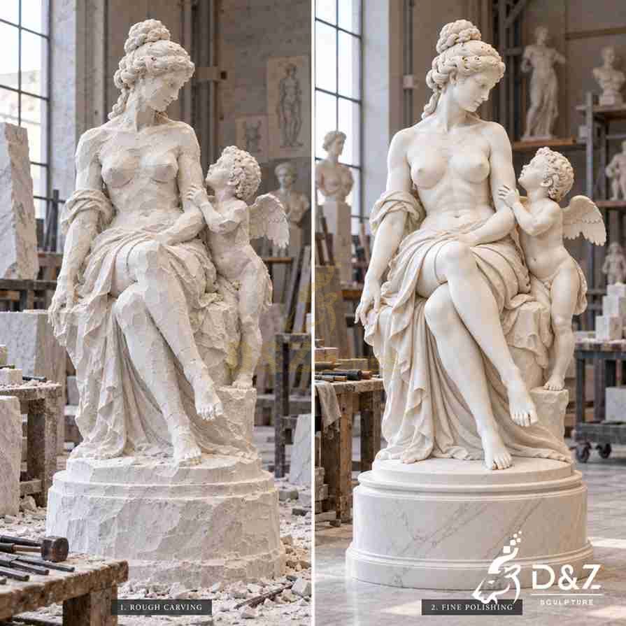 Rough carving and fine polishing comparison of a white marble Venus and Cupid statue in the sculpture workshop Rough carving and fine polishing comparison of a white marble Venus and Cupid statue in the sculpture workshop