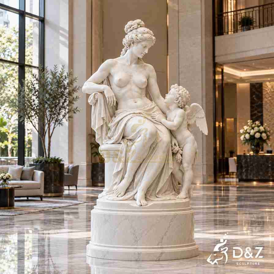Roman goddess Venus statue seated beside winged Cupid with detailed marble drapery and classical pedestal Roman goddess Venus statue seated beside winged Cupid with detailed marble drapery and classical pedestal