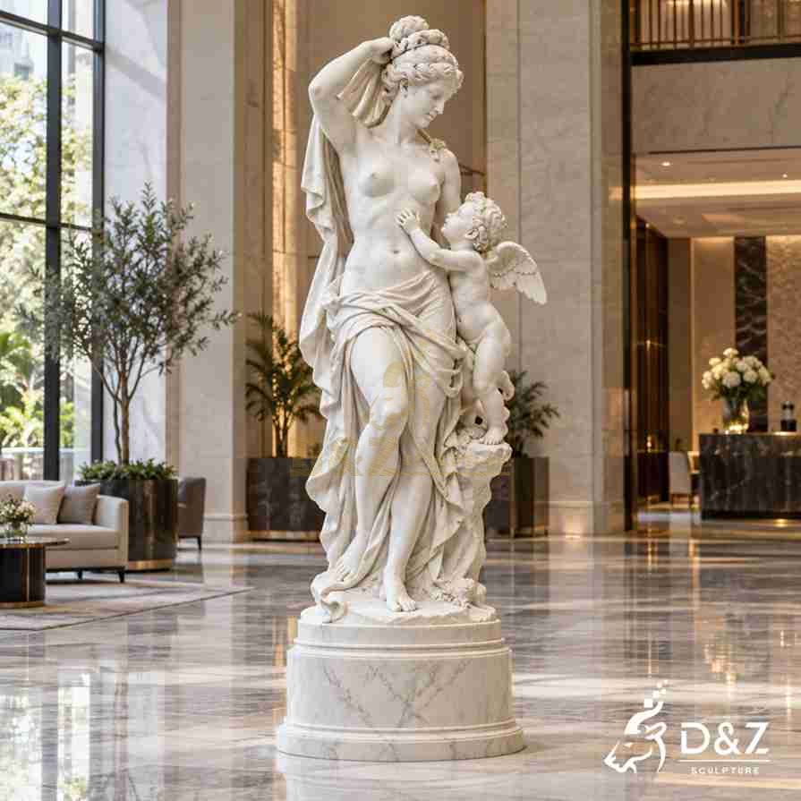 Classical goddess Venus statue standing with winged Cupid in an intimate mother-and-child style composition Classical goddess Venus statue standing with winged Cupid in an intimate mother-and-child style composition