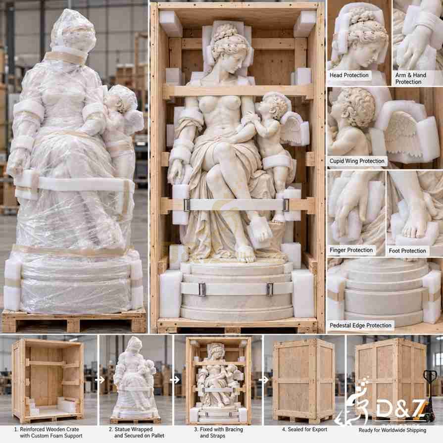 Venus and Cupid marble statue packing process with foam protection, wooden bracing, straps, and reinforced export crate Venus and Cupid marble statue packing process with foam protection, wooden bracing, straps, and reinforced export crate