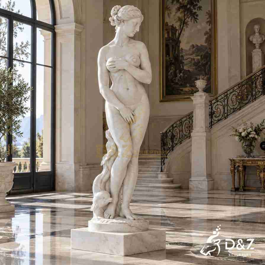Marble Venus de Medici sculpture in a classical Venus Pudica pose displayed beside a grand villa staircase