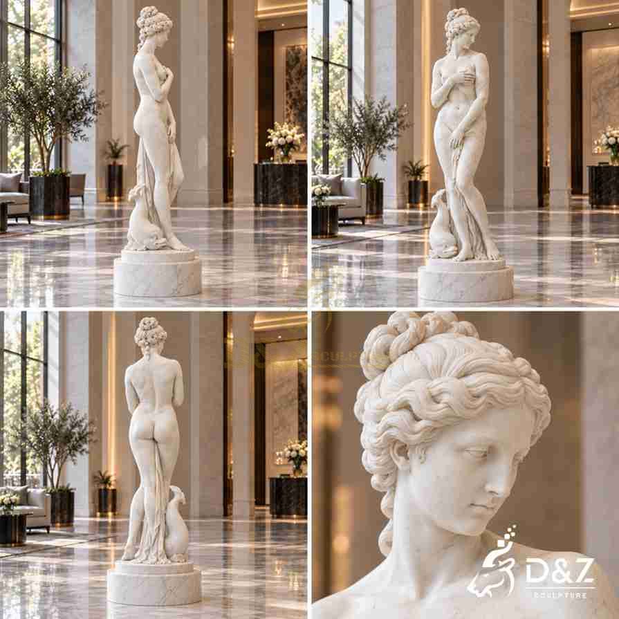 Multiple views of a Venus de Medici statue showing side, front, rear and detailed marble facial carving