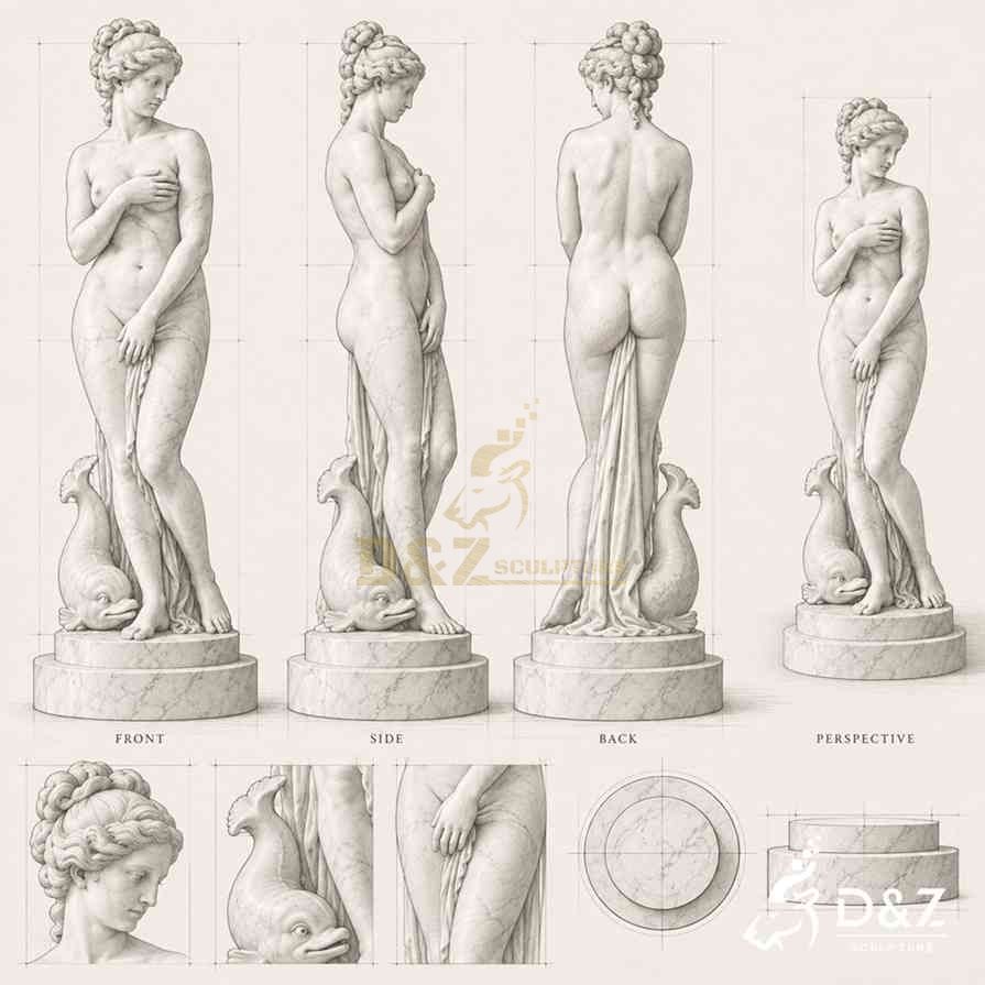 Venus de Medici statue design drawing showing front, side, back, perspective, dolphin, drapery and pedestal details