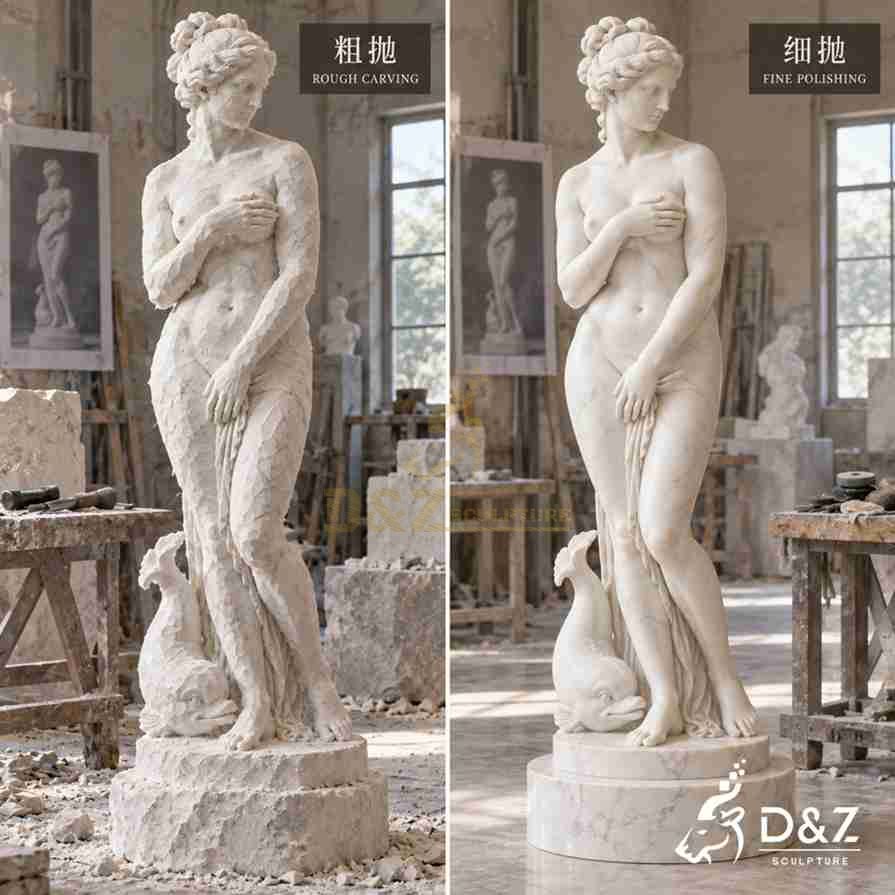 Rough carving and fine polishing comparison of a white marble Venus de Medici statue in the sculpture workshop