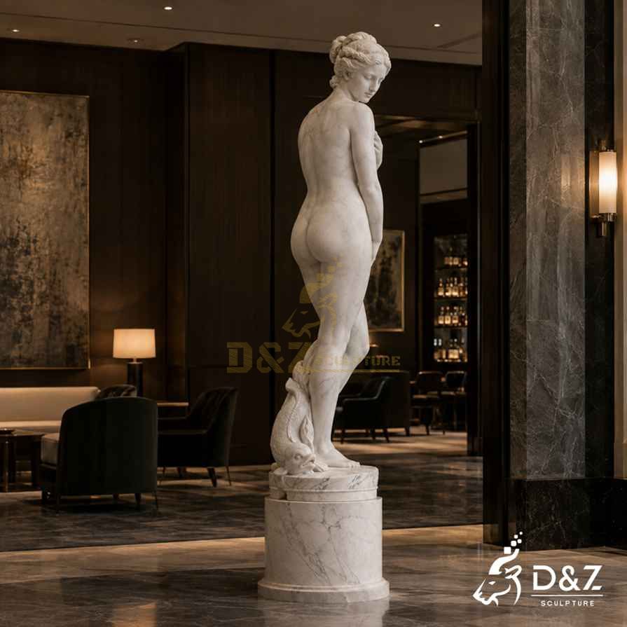 Rear three-quarter view of a Venus de Medici sculpture showing back, hip and leg contours in a luxury interior