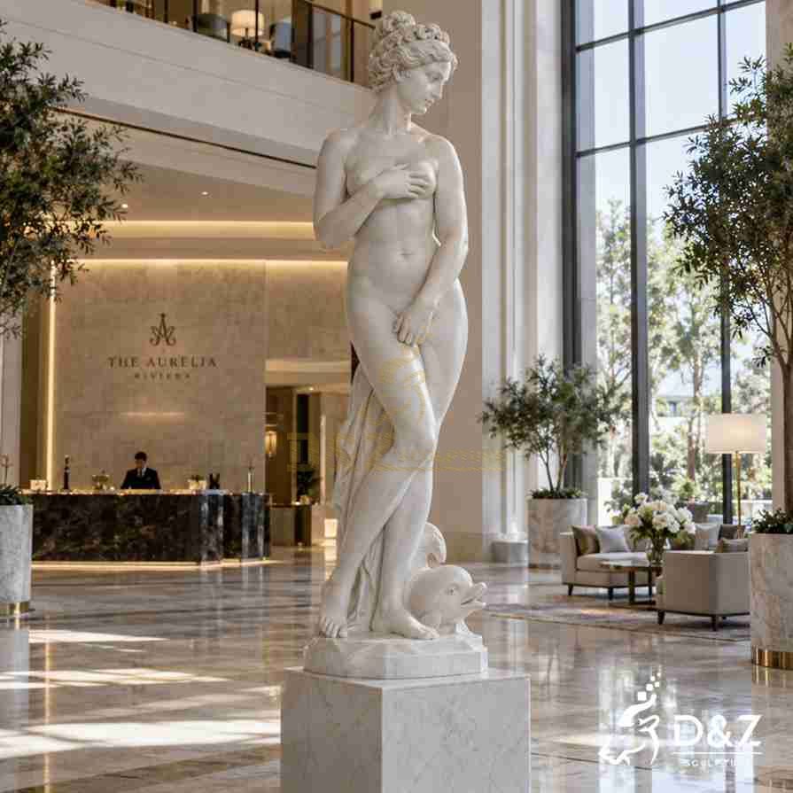 Roman goddess Venus statue in white marble with modest hand gesture and dolphin support displayed in a luxury hotel lobby