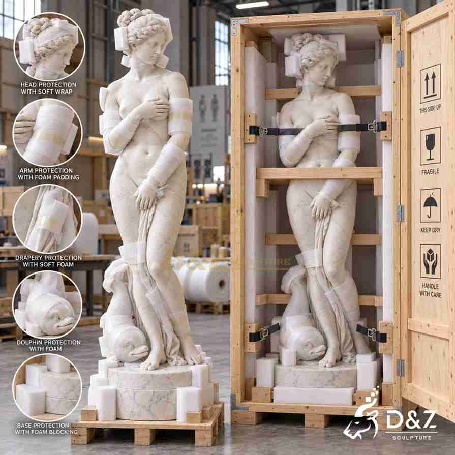 Venus de Medici marble statue packing with foam protection, wooden bracing, straps and reinforced export crate