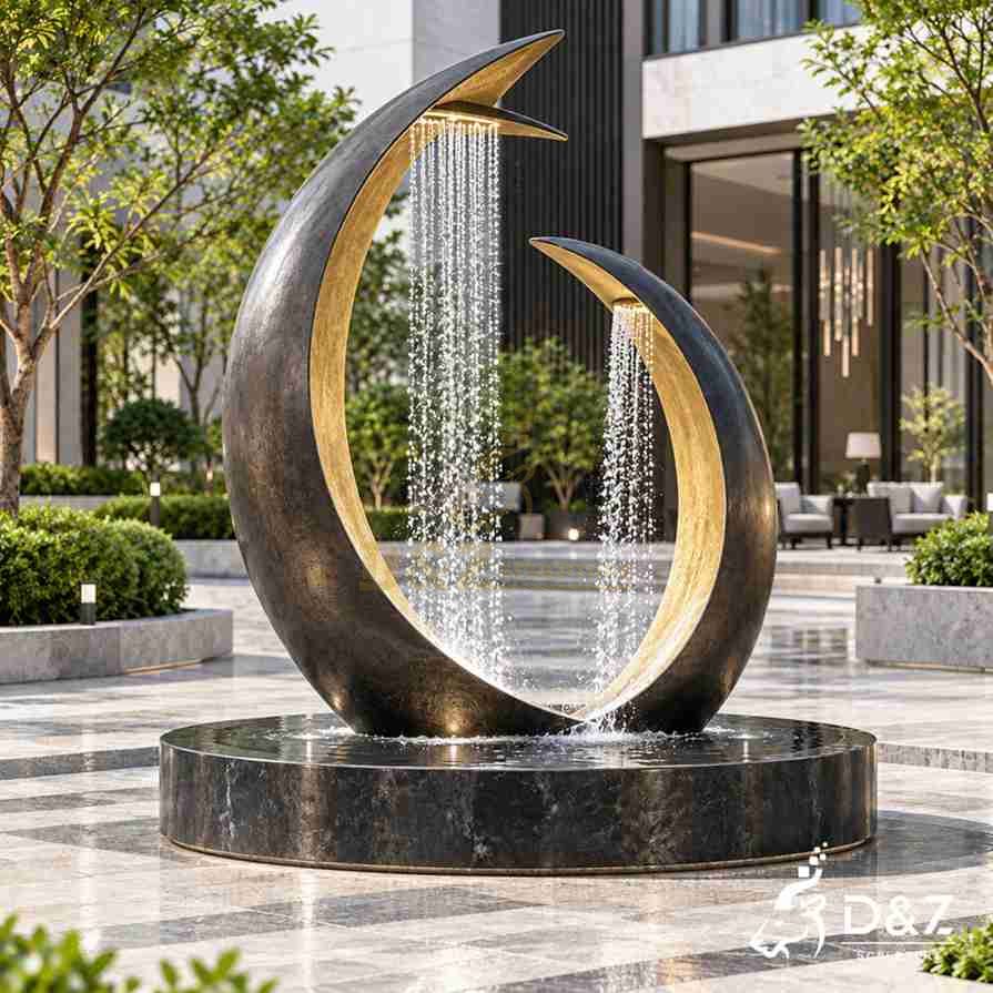 Modern metal fountain with rain curtain water feature in a contemporary villa courtyard during daytime