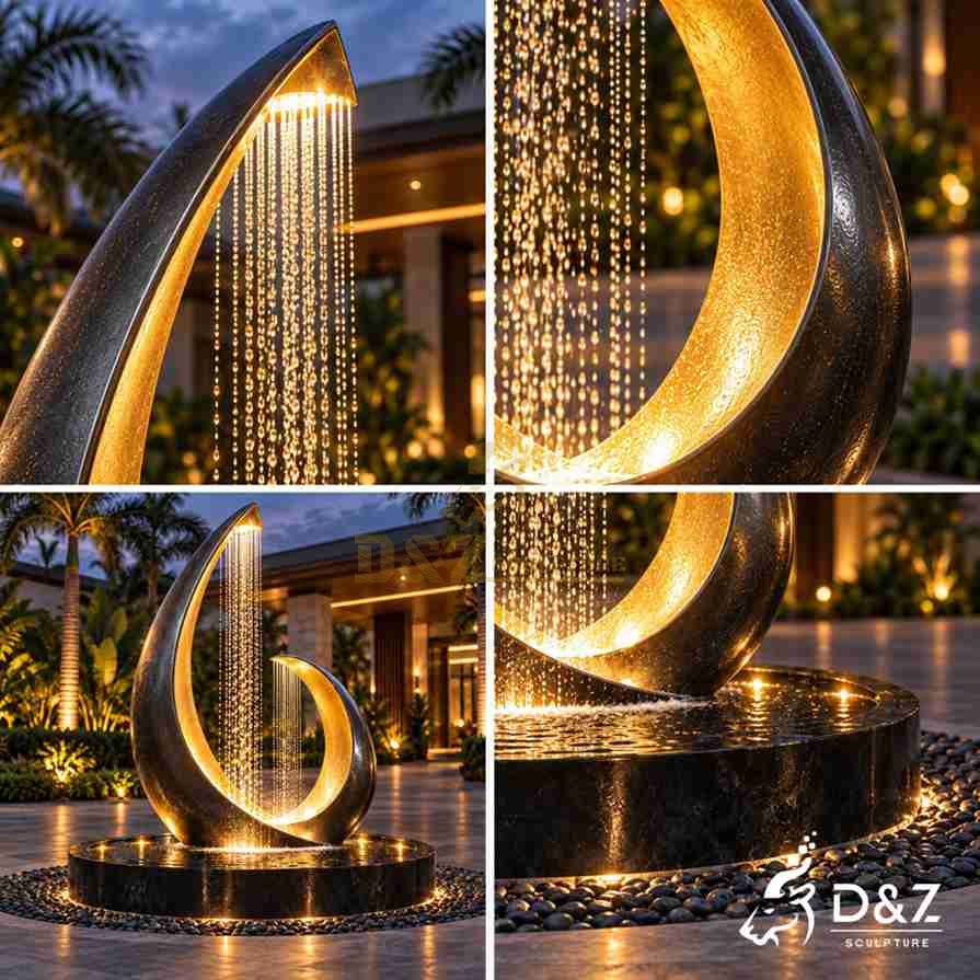 Rain curtain fountain details showing illuminated stainless steel curves, falling water and integrated basin