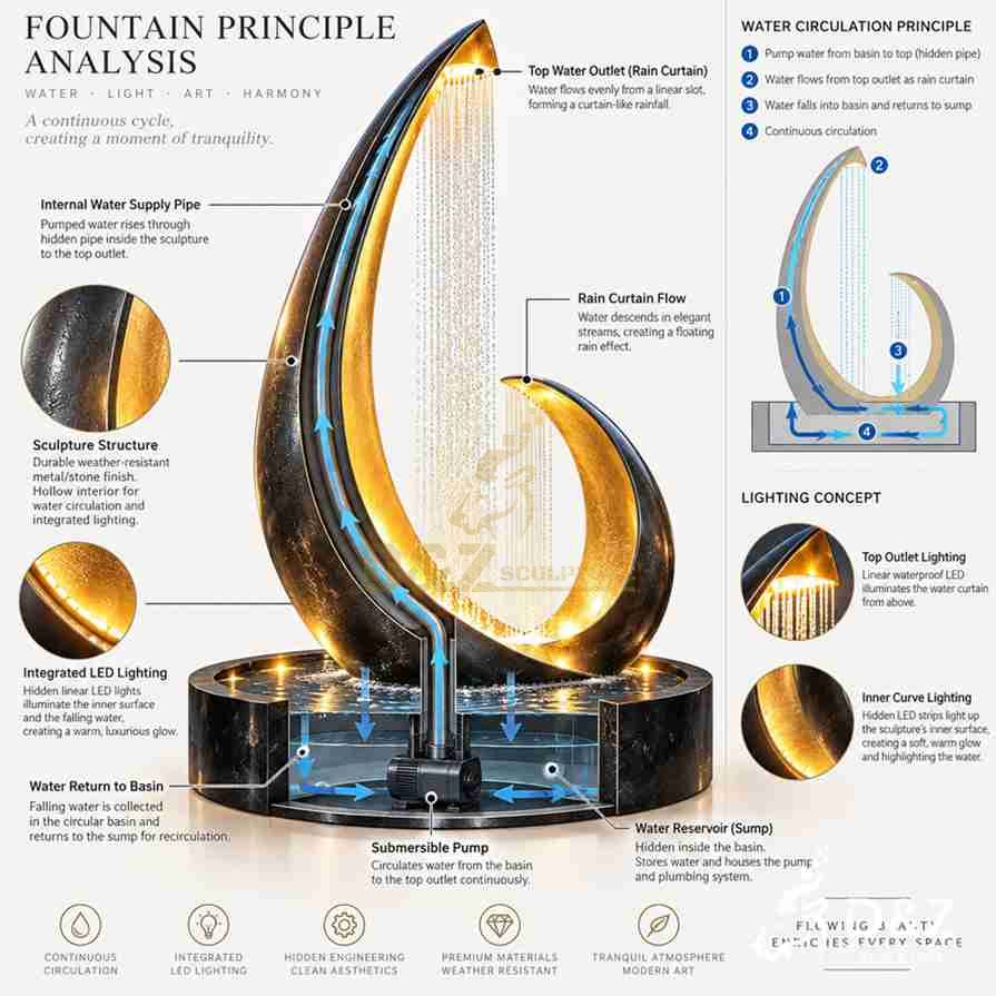 Modern metal fountain water circulation diagram with hidden pump, internal pipes, rain curtain and LED lighting