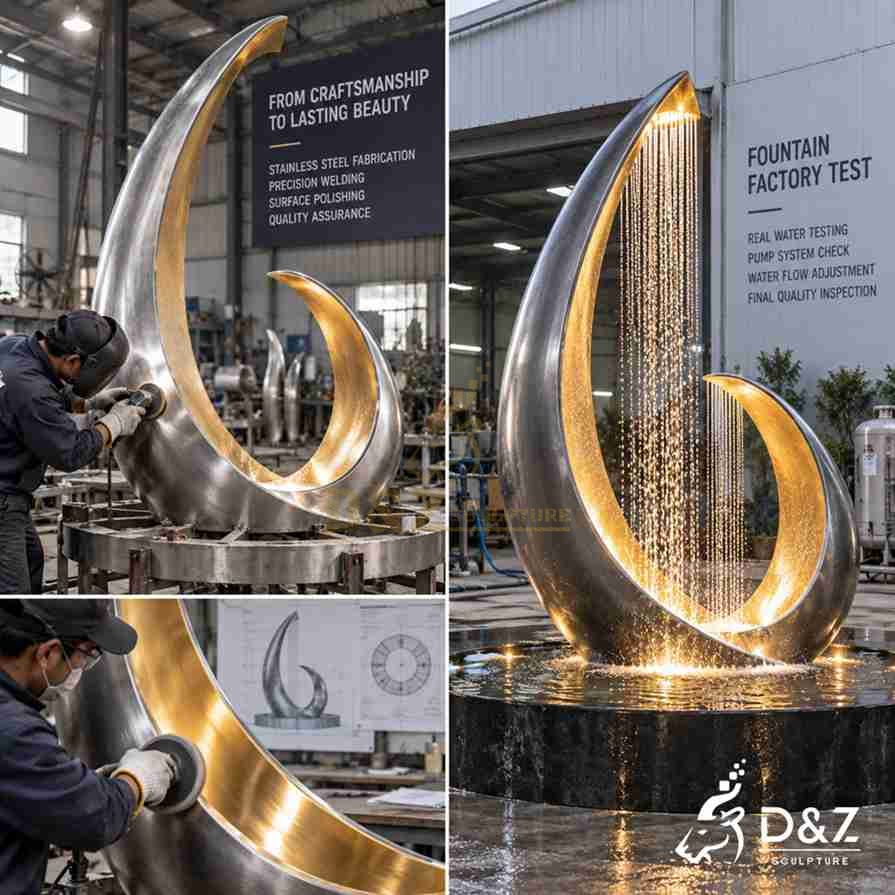 Stainless steel fountain fabrication, surface polishing and factory rain curtain water testing process