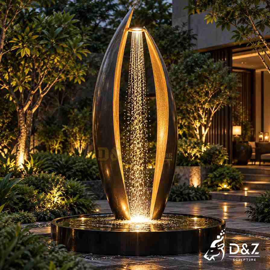 Outdoor rain curtain fountain with tall abstract stainless steel curves and warm LED water lighting