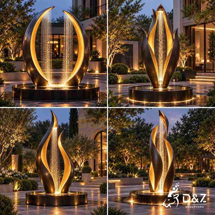 Modern metal fountain design options including oval, bud, flame and abstract stainless steel rain curtain forms