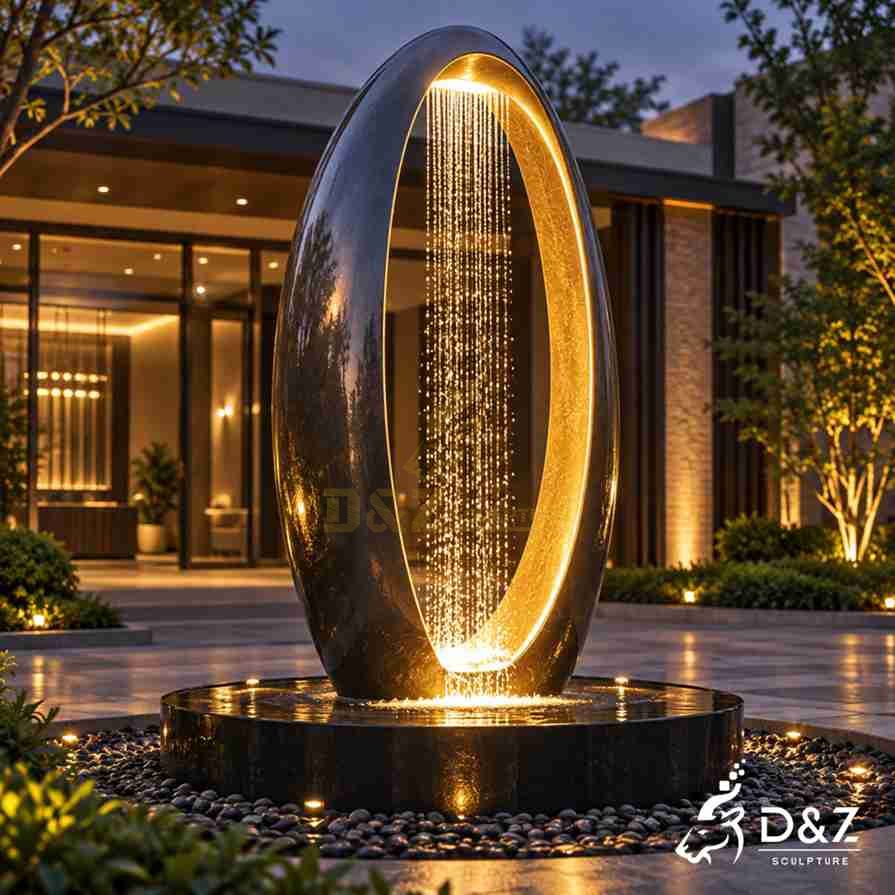 Oval stainless steel fountain with vertical rain curtain and warm lighting in a modern courtyard