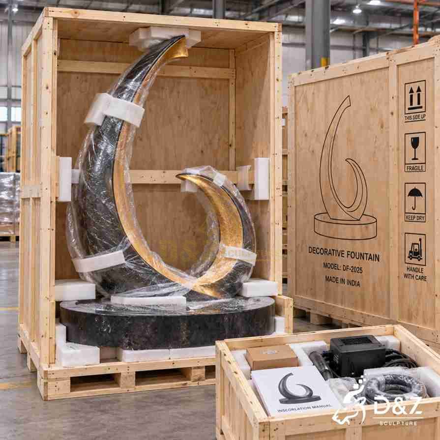 Modern metal fountain protected with foam and reinforced wooden crate for international shipping