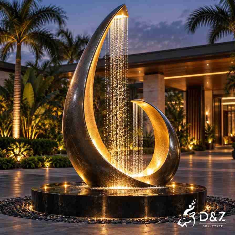 Crescent modern metal fountain with stainless steel structure, warm LED lights and outdoor rain curtain