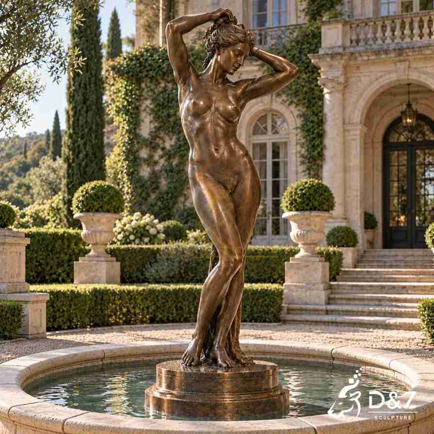 Bronze Venus Anadyomene statue in a classical fountain courtyard in front of a luxury villa Bronze Venus Anadyomene statue in a classical fountain courtyard in front of a luxury villa