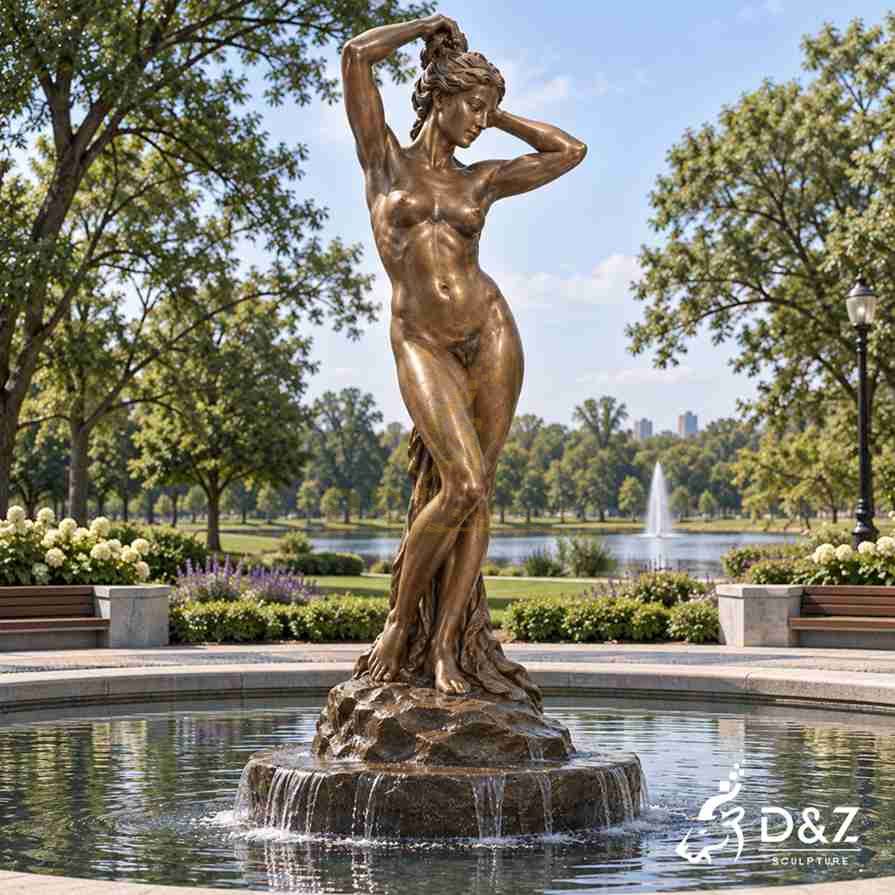 Large bronze Venus Anadyomene statue installed in a park fountain landscape Large bronze Venus Anadyomene statue installed in a park fountain landscape