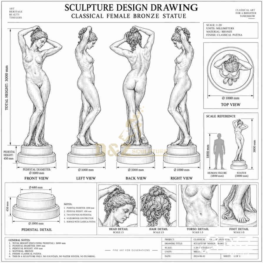 Venus Anadyomene statue design drawing with front, side, back, top, and detail views Venus Anadyomene statue design drawing with front, side, back, top, and detail views