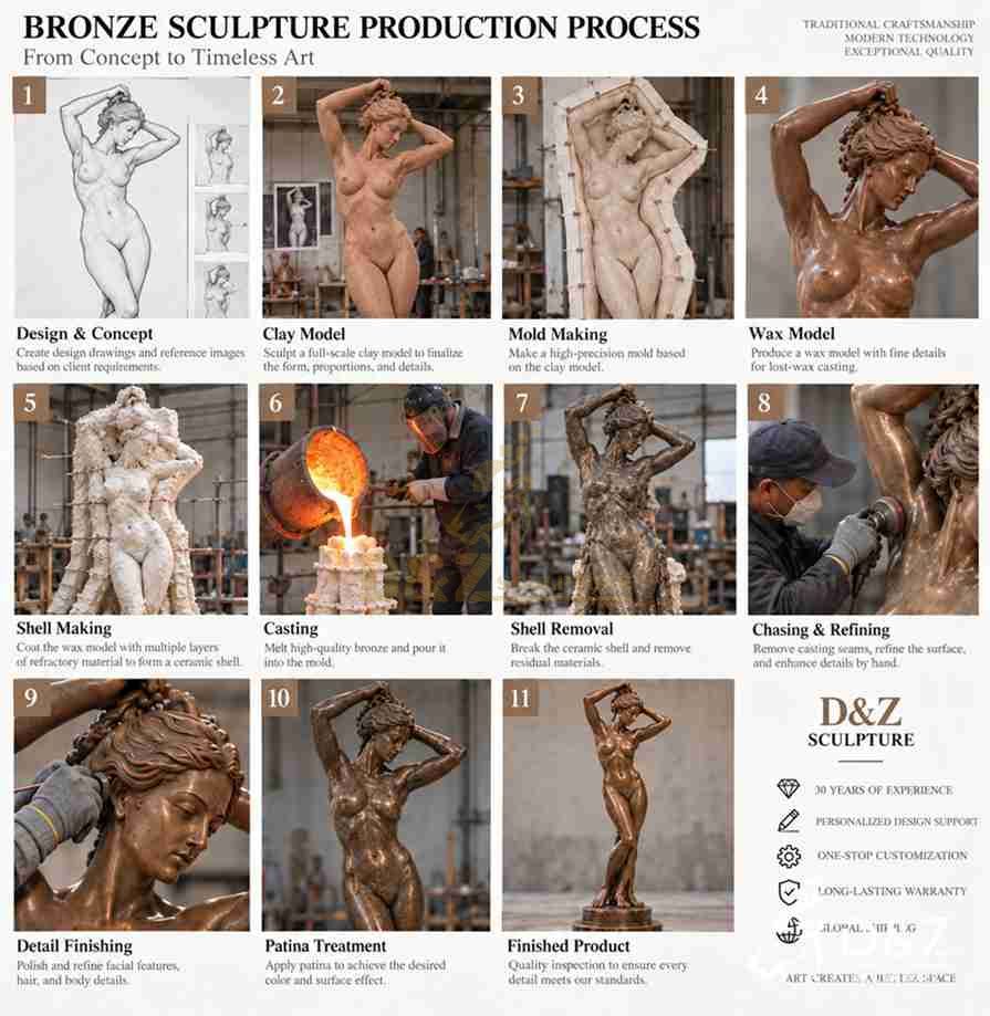 Bronze Venus Anadyomene sculpture production process from design drawing to finished statue Bronze Venus Anadyomene sculpture production process from design drawing to finished statue