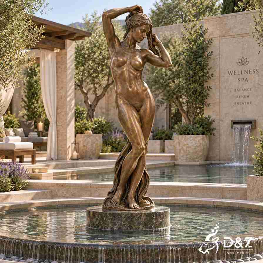 Bronze goddess Venus statue in a wellness spa courtyard fountain setting Bronze goddess Venus statue in a wellness spa courtyard fountain setting