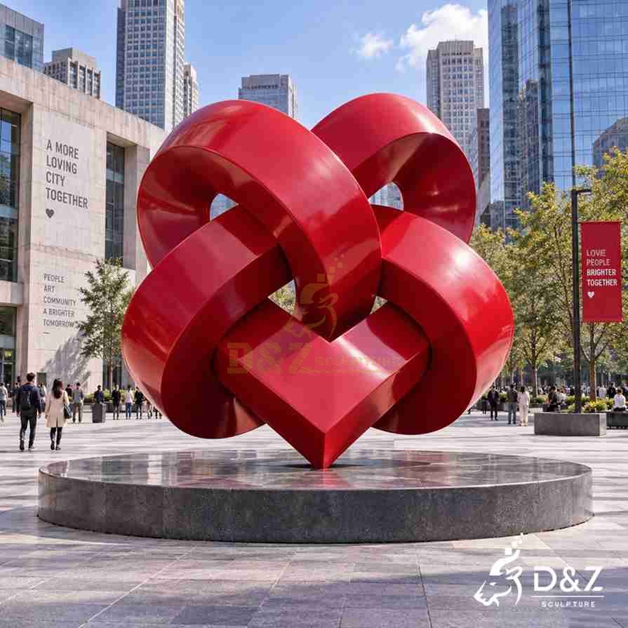 Large red love knot sculpture with interwoven heart-shaped stainless steel ribbons in a modern city plaza
