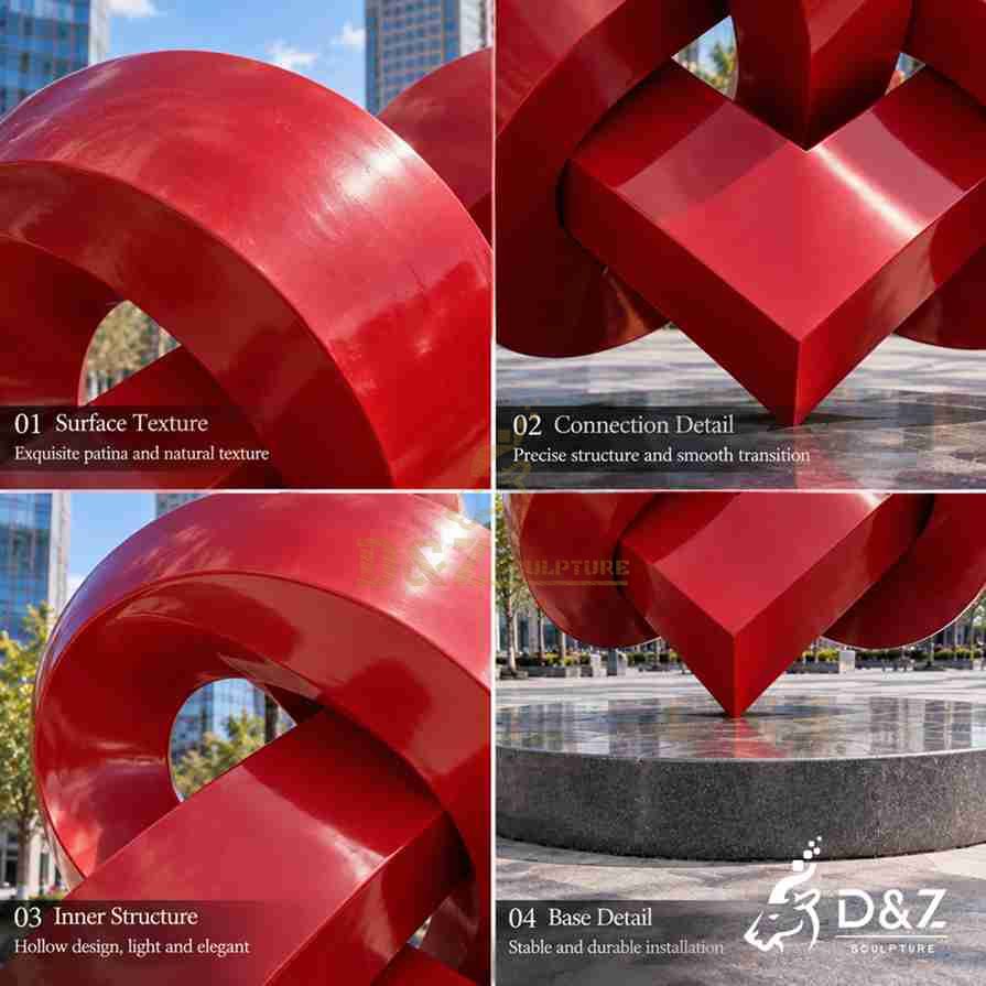 Red love knot sculpture detail collage showing painted surface, interwoven connection, hollow structure and stone base