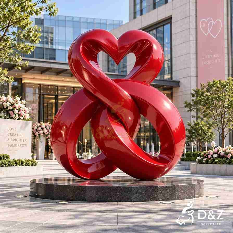 Abstract red love sculpture with intertwined heart-shaped curves outside a modern commercial building