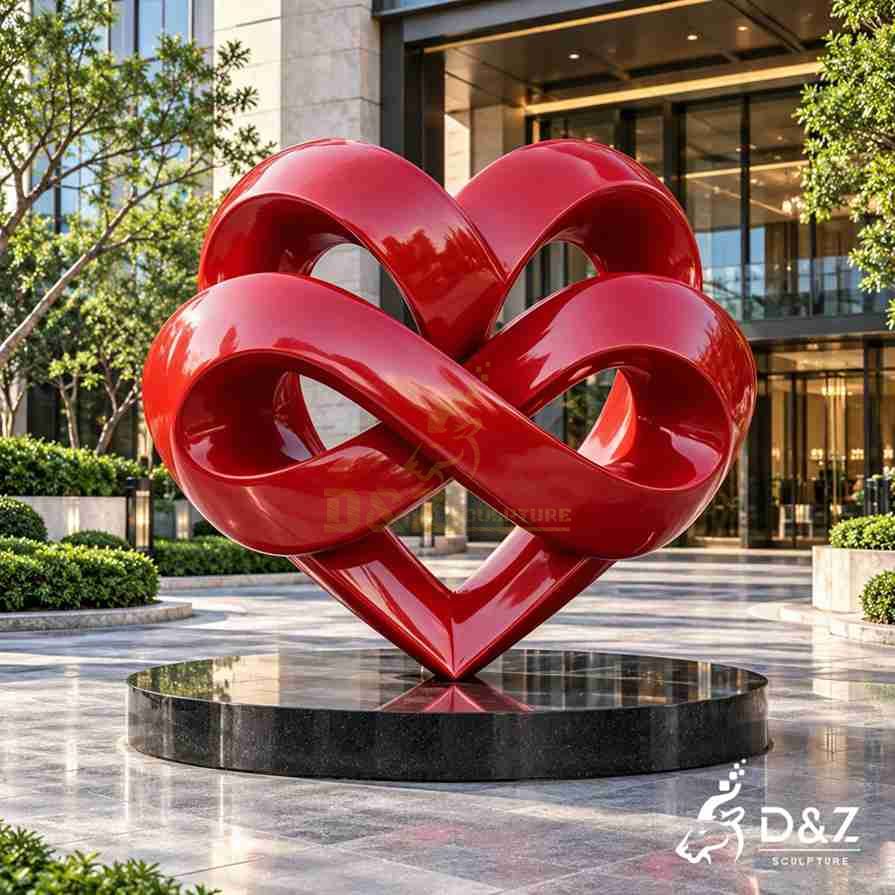 Red infinity knot sculpture with continuous heart-shaped loops on a polished black stone pedestal