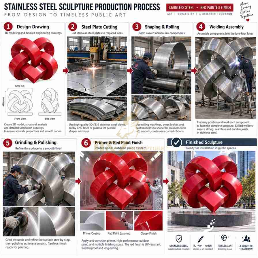 Stainless steel love knot sculpture production process from design and plate cutting to welding, polishing and red coating