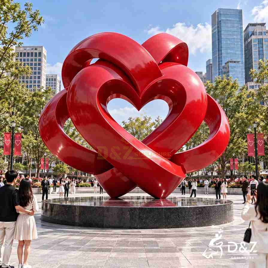 Monumental red love knot sculpture as an interactive public art landmark in a busy urban plaza