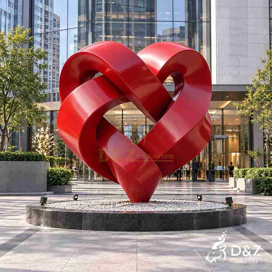 Red metal knot sculpture with abstract heart-shaped ribbons at a modern commercial building entrance