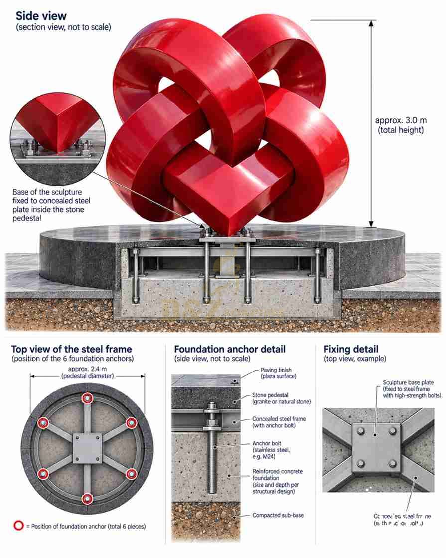 Love knot sculpture installation drawing showing concealed steel frame, anchor bolts and reinforced concrete foundation