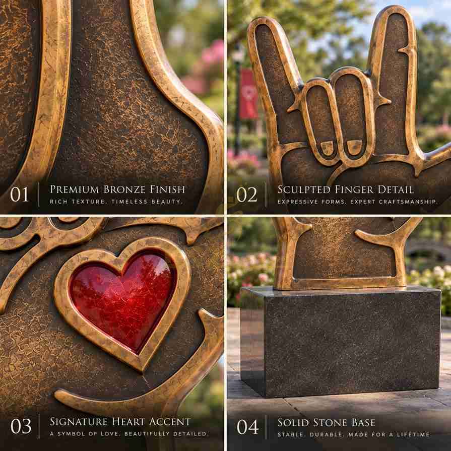 Bronze hand sculpture detail collage showing antique patina, sculpted fingers, red heart insert and stone pedestal Bronze hand sculpture detail collage showing antique patina, sculpted fingers, red heart insert and stone pedestal