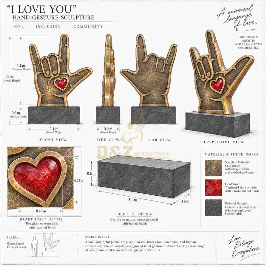 I Love You hand sculpture design drawing with front, side, rear views, dimensions, red heart detail and pedestal I Love You hand sculpture design drawing with front, side, rear views, dimensions, red heart detail and pedestal