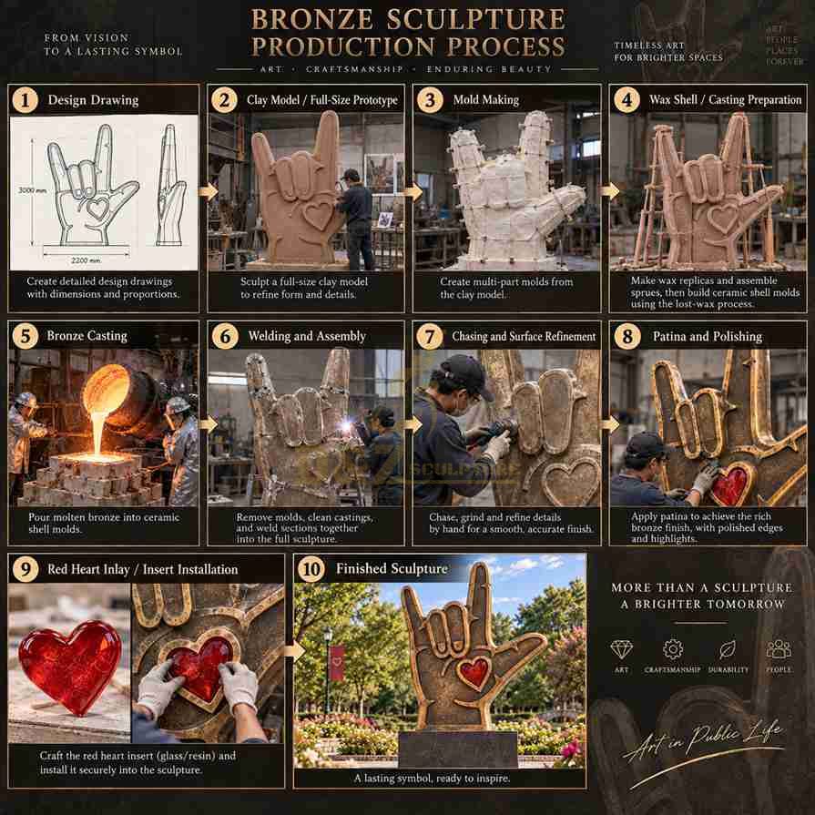 Bronze I Love You hand sculpture production process from design and clay model to casting, patina and heart installation Bronze I Love You hand sculpture production process from design and clay model to casting, patina and heart installation