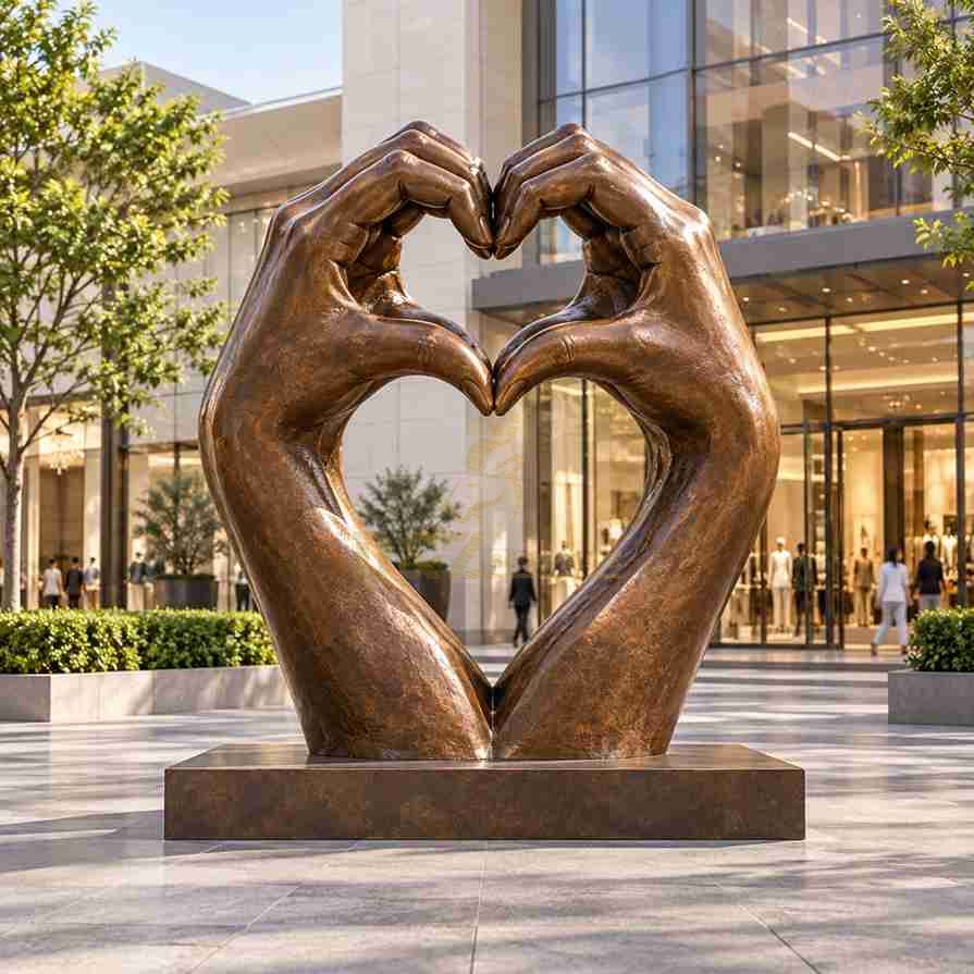 Bronze love sculpture of two hands forming a heart shape outside a modern commercial building Bronze love sculpture of two hands forming a heart shape outside a modern commercial building