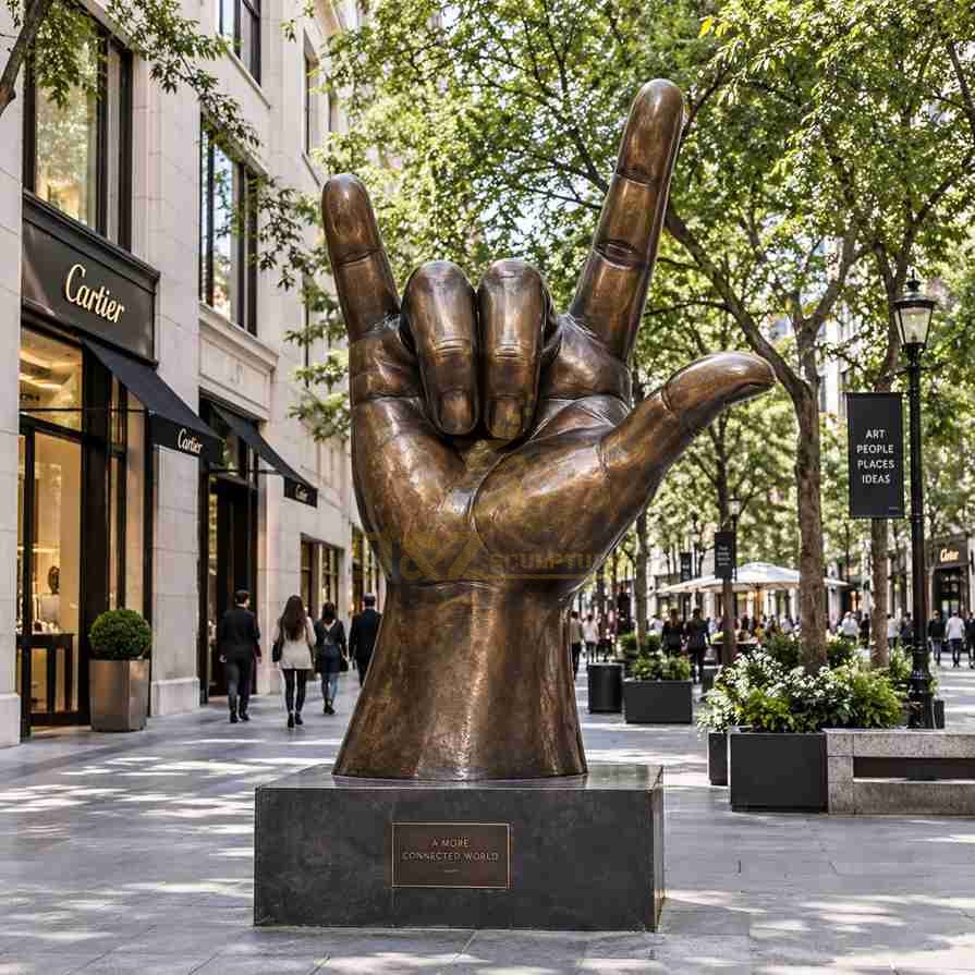 Large bronze I Love You hand sculpture installed on a stone pedestal along a commercial pedestrian street Large bronze I Love You hand sculpture installed on a stone pedestal along a commercial pedestrian street