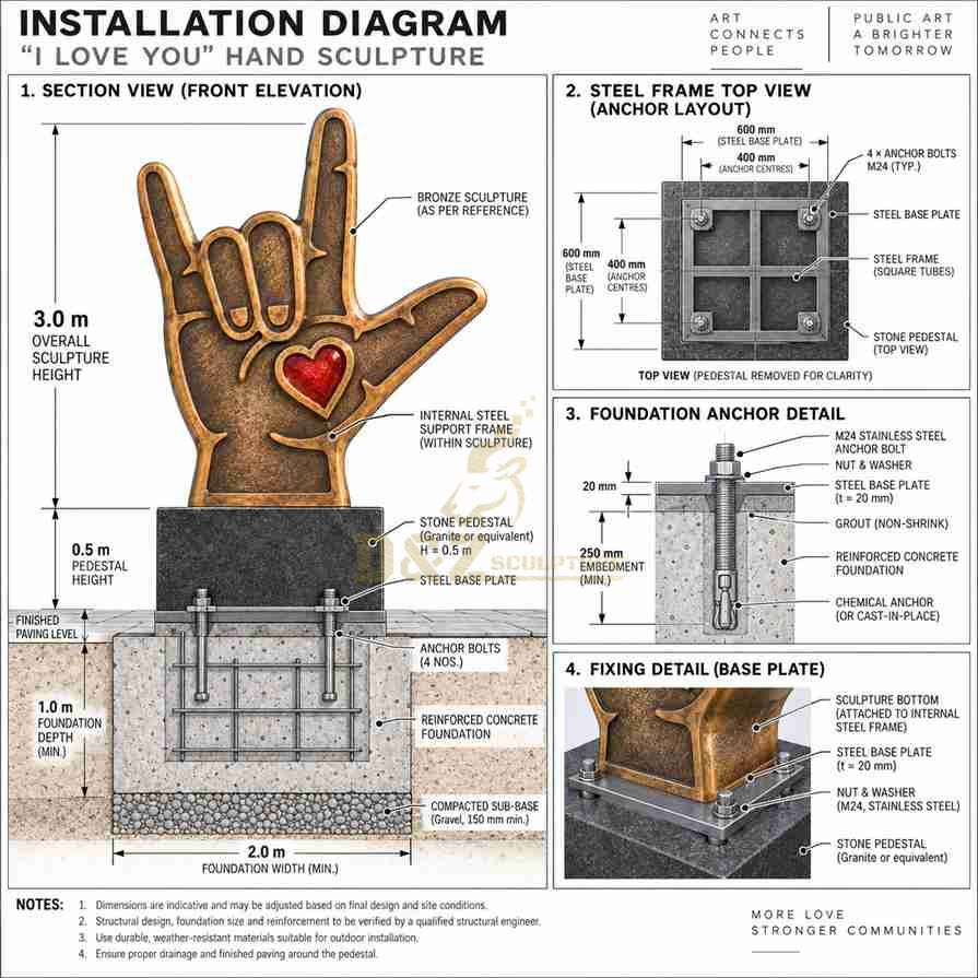I Love You hand sculpture installation diagram showing internal steel frame, base plate, anchor bolts and concrete foundation I Love You hand sculpture installation diagram showing internal steel frame, base plate, anchor bolts and concrete foundation