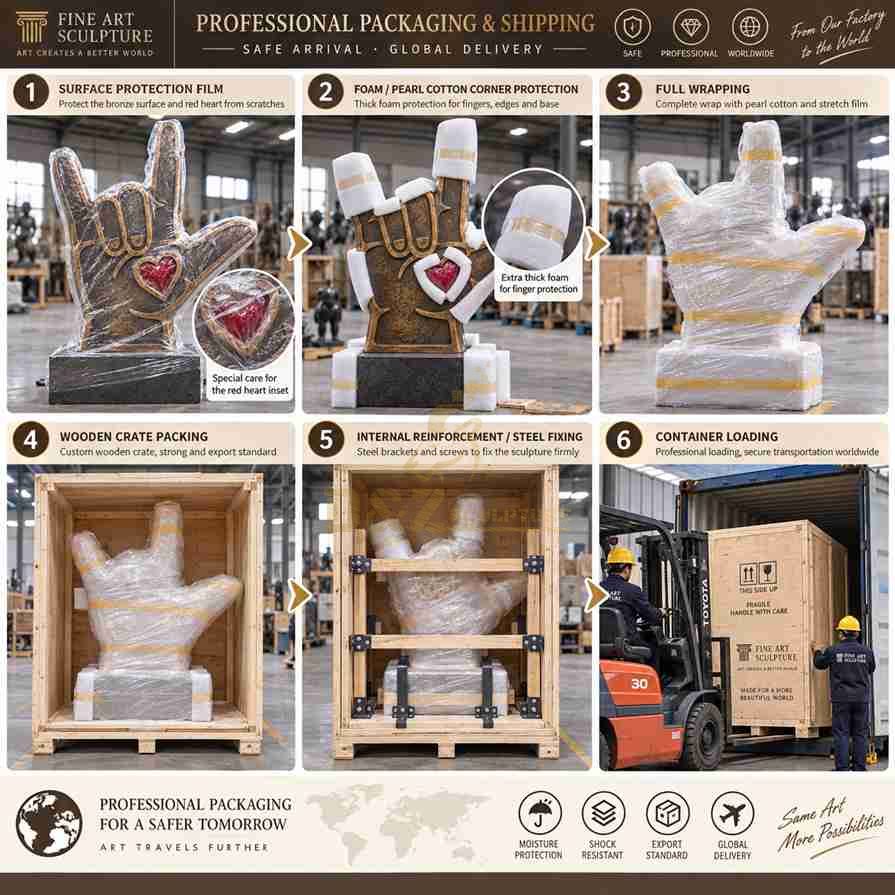Bronze I Love You hand sculpture packing process with foam protection, wooden crate reinforcement and container shipping Bronze I Love You hand sculpture packing process with foam protection, wooden crate reinforcement and container shipping