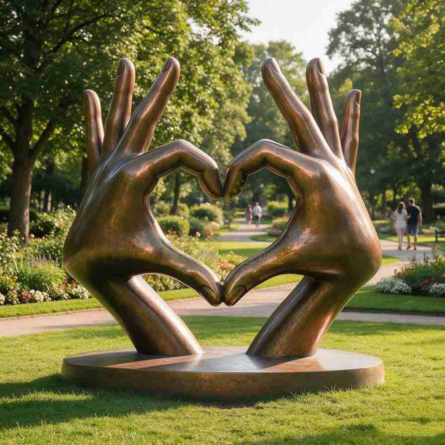 Large bronze hand sculpture of two hands forming a heart in a landscaped public park Large bronze hand sculpture of two hands forming a heart in a landscaped public park
