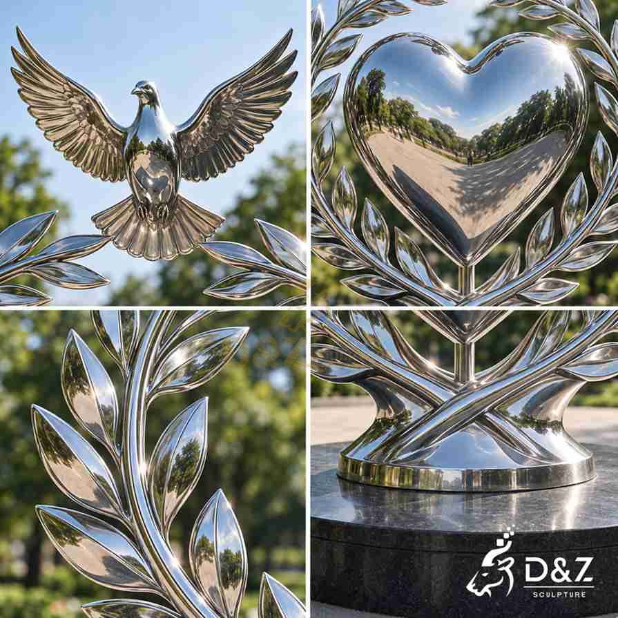 Peace and love sculpture detail collage showing mirror dove, polished heart, olive leaves and stainless steel base Peace and love sculpture detail collage showing mirror dove, polished heart, olive leaves and stainless steel base